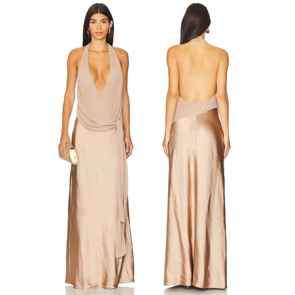 LPA Nyla Gown Maxi Halter Neck Satin Party Formal Evening Prom Wedding Guest L